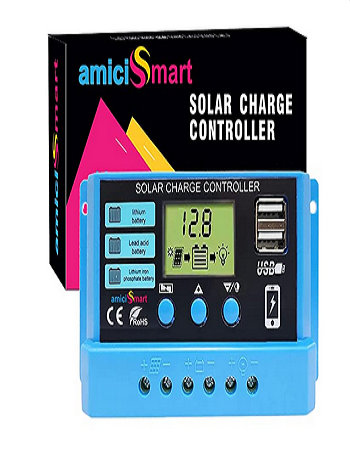 AmiciSmart Solar Charge Controller 30A, 12V/24V Intelligent Battery Regulator for Lead Acid & Lithium Battery with LCD Display and 2A USB Port